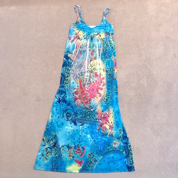 Cristina Love Summer Maxi Dress Women Medium Blue Yellow Touch of Bling Sundress - Picture 7 of 11